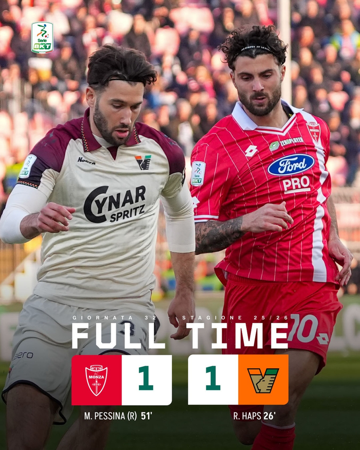 库特罗内首发出场80分钟 威尼斯客场1-1蒙扎逼平